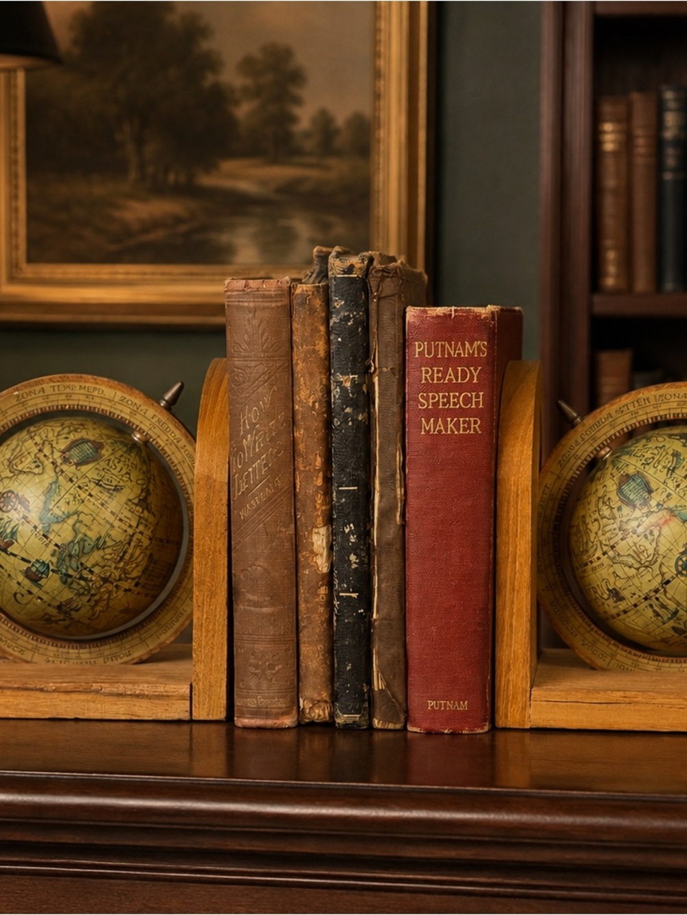 Pair 1960s Wood BOOKENDS Old World Rotating Globe Map Made in Italy MCM